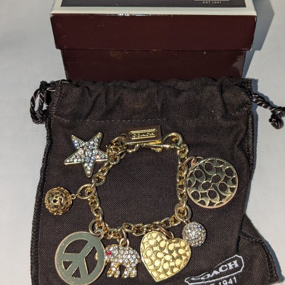 COACH Gold Tone Multi Charm Bracelet, Pouch & Original Box - Picture 1 of 10